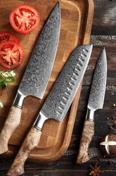 B30 3pcs Damascus Knife Set, 1 Pc 8 Inch Chef Knife, 1 Pc 7 Inch Santoku Knife, 1 Pc 5 Inch Utility Knife  Having Figured Sycamore Wood Handle